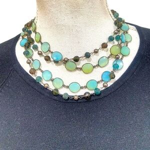 Boutique pair of pewter faceted aqua green & topaz beads chain necklaces